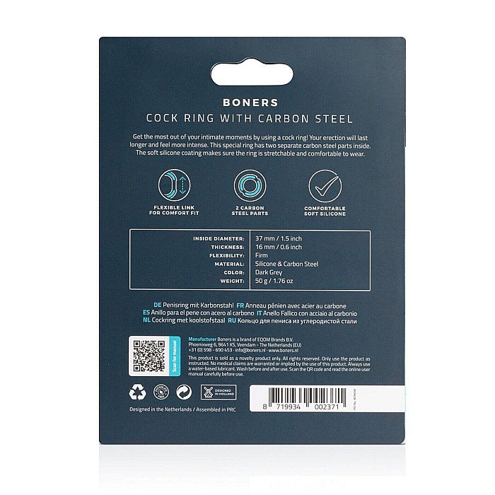 Эрекционное кольцо Boners Cock Ring With Steel Core, стальные вставки, внутренний диаметр 3,7 см