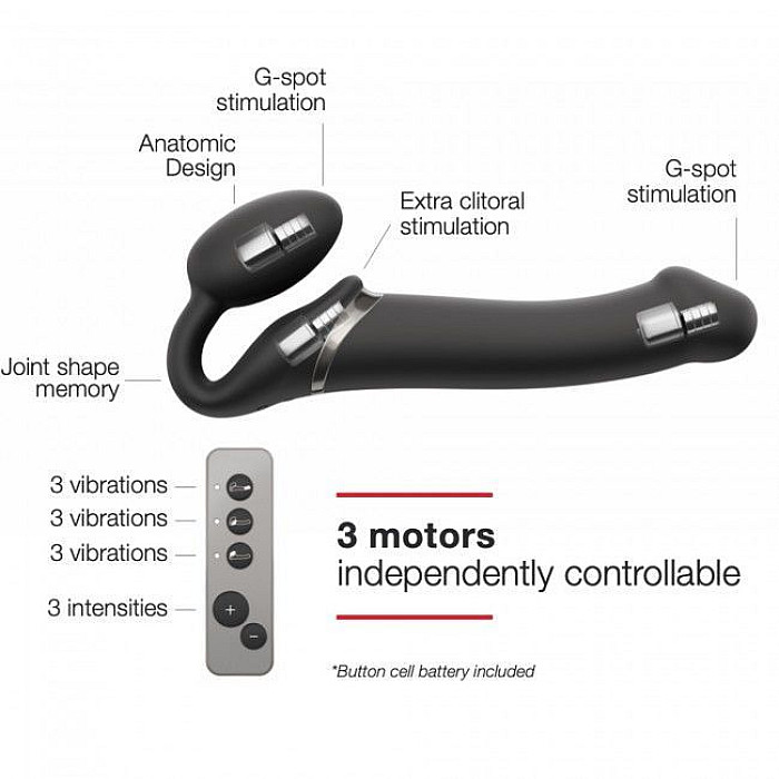 Безремневой страпон с вибрацией Strap-On-Me Vibrating Black M, диаметр 3,8см, пульт ДУ, регулируемый