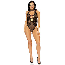 Leg Avenue Net and lace halter bodysuit OS Black