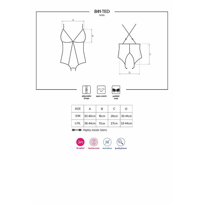 Сетчатое боди с открытыми ягодицами Obsessive 841-TED-1 teddy L/XL, черный