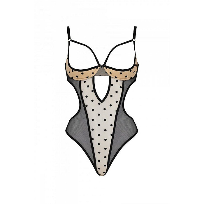 Еротичне боді Passion MARINA BODY, розмір L/XL, бежевого кольору, з відкритими чашками