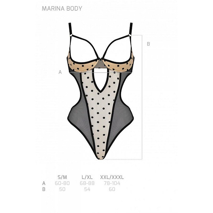 Еротичне боді Passion MARINA BODY, розмір L/XL, бежевого кольору, з відкритими чашками