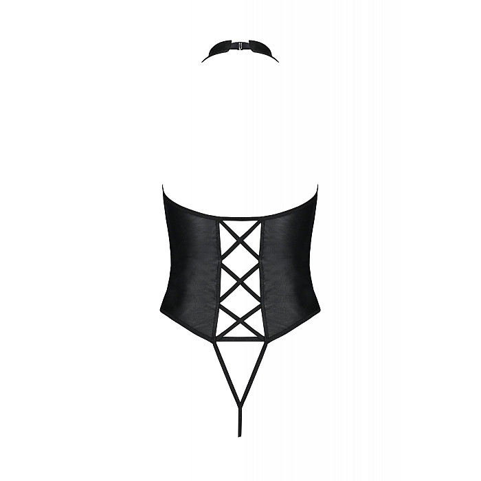 Боди из экокожи Passion NANCY BODY 4XL/5XL black, с имитацией шнуровки и открытым доступом
