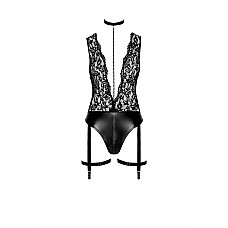Боді Noir Handmade F297 Libido Deep-V bodysuit with collar, pearl chain and garter - S