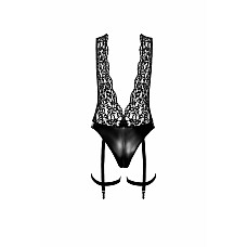 Боді Noir Handmade F297 Libido Deep-V bodysuit with collar, pearl chain and garter - M