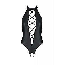 Боди из экокожи Passion NANCY BODY 6XL/7XL black, с имитацией шнуровки и открытым доступом