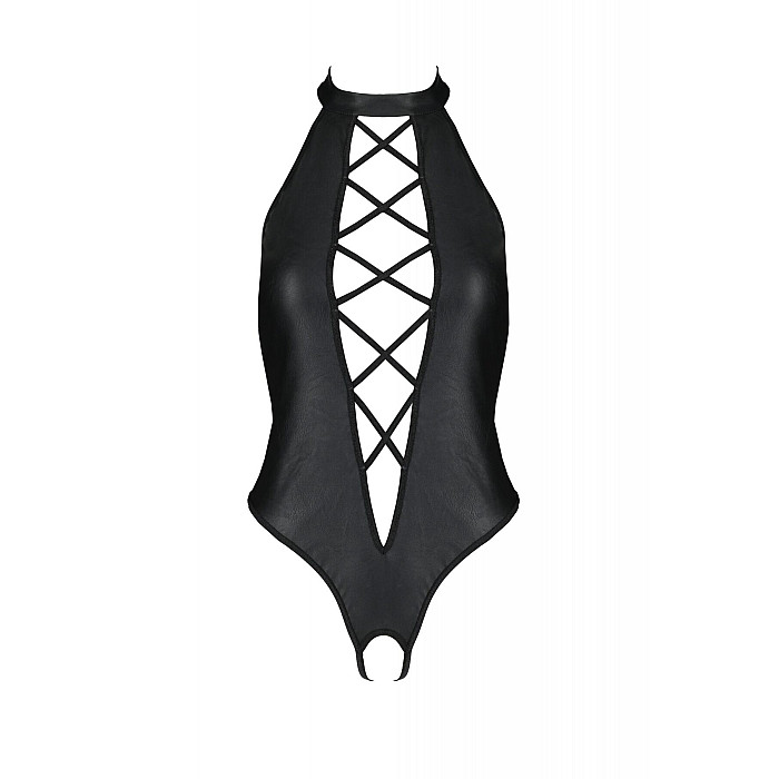 Боді з екошкіри Passion NANCY BODY 6XL/7XL black, з імітацією шнурівки та відкритим доступом