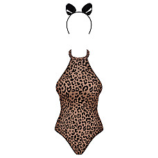 Эротический костюм леопарда Obsessive Leocatia teddy S/M, боди, обруч с ушками