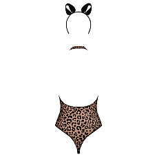 Эротический костюм леопарда Obsessive Leocatia teddy S/M, боди, обруч с ушками