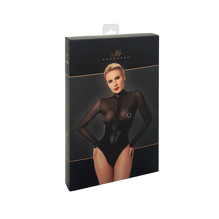 Боди Noir Handmade F321 Edge, XL, низ под латекс, верх сетка, молния на все тело, декор кольца