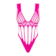 Сетчатый бодистокинг с продольными вырезами Obsessive B121 teddy S/M/L, розовый