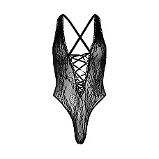 Кружевное боди Leg Avenue Floral lace thong teddy Black, шнуровка на груди, one size
