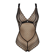 Кружевное боди с декольте Obsessive Estiqua teddy M/L, черное, широкие лямки