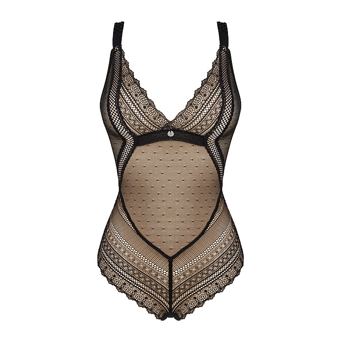 Кружевное боди с декольте Obsessive Estiqua teddy M/L, черное, широкие лямки