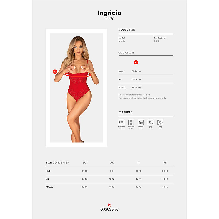 Боди с доступом Obsessive Ingridia crotchless teddy M/L, красное, открытая грудь