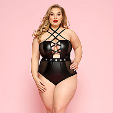 Сексуальное боди JSY «Страстная Лорейн» Plus Size Black, люверсы, стрепы, экокожа, шнуровка
