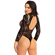 Боди Leg Avenue High neck lace bodysuit, One Size, черное, длинный рукав, стринги, цветочный рисунок
