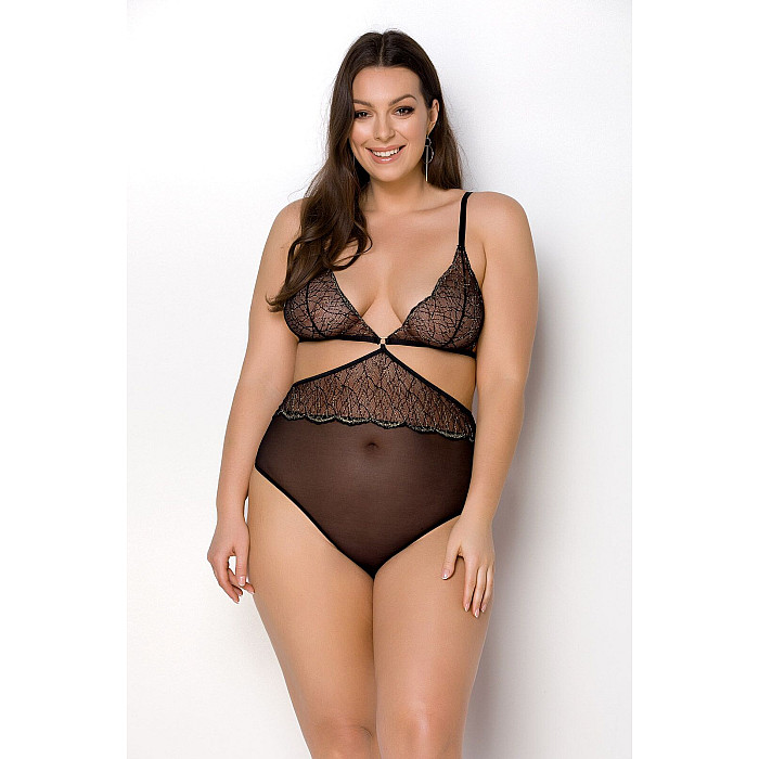 Боді Passion AMBERLY BODY 4XL/5XL black, асиметричний крій, мереживний ліф, золота нитка