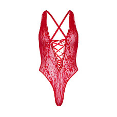 Кружевное боди Leg Avenue Floral lace thong teddy Red, шнуровка на груди, one size