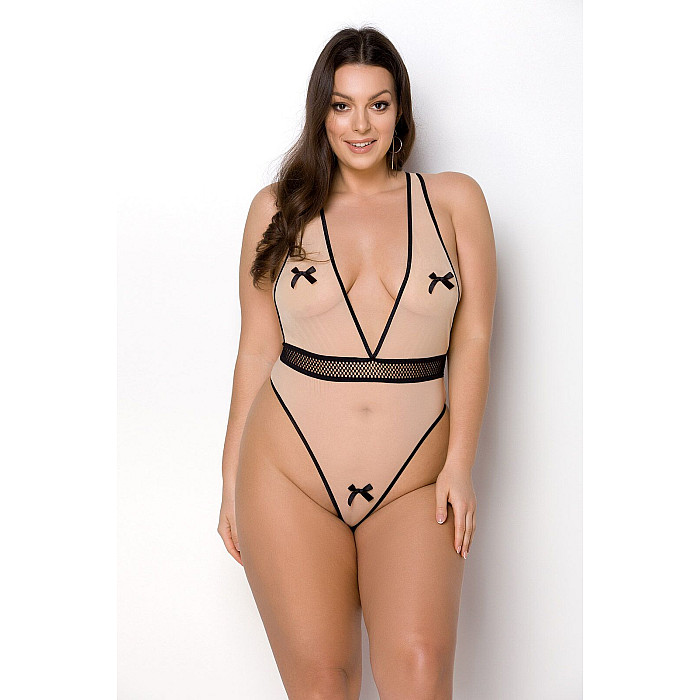 Боди Passion VIENA BODY 4XL/5XL, beige, контрастное, бантики, вставка-сетка, открытые ягодицы