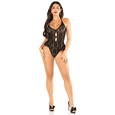 Боди с открытой спиной и рюшами на бедрах Leg Avenue Lace Floral Lace Halter Teddy One Size, Black