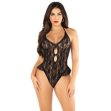 Боди с открытой спиной и рюшами на бедрах Leg Avenue Lace Floral Lace Halter Teddy One Size, Black