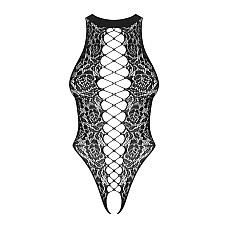 Ажурный бодистокинг с эффектом шнуровки Obsessive B129 teddy black XL/XXL, черный, с доступом