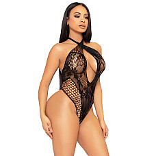 Кружевное тедди Leg Avenue Lace and net halter teddy One size Black, глубокий вырез, халтер