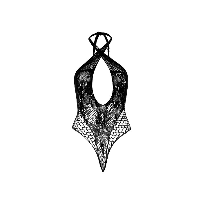Мереживне тедді Leg Avenue Lace and net halter teddy One size Black, глибокий виріз, халтер