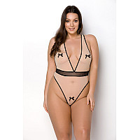 Боді Passion VIENA BODY 6XL/7XL, beige, контрастне, бантики, вставка-сітка, відкриті сідниці