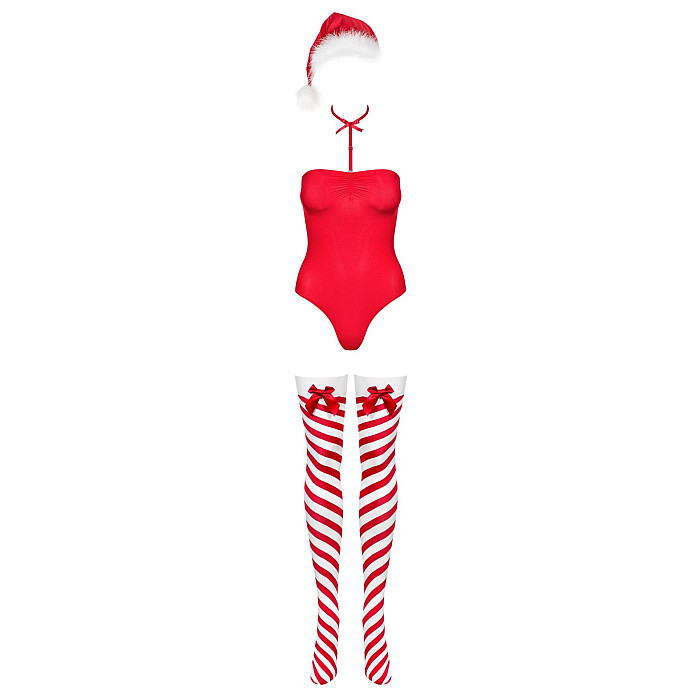 Тедди Obsessive Kissmas teddy, L/XL, красное, без бретелей, чокер, чулки и шапка с помпоном в наборе