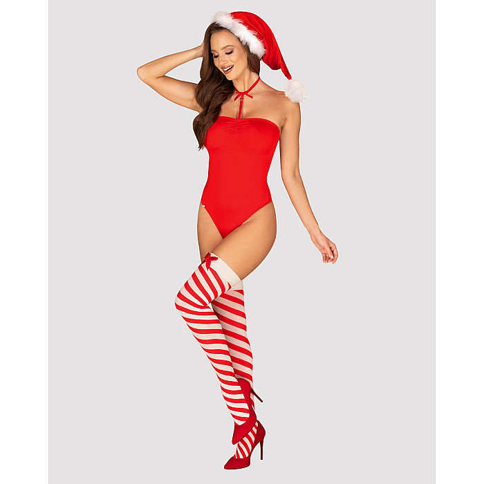Тедди Obsessive Kissmas teddy, L/XL, красное, без бретелей, чокер, чулки и шапка с помпоном в наборе