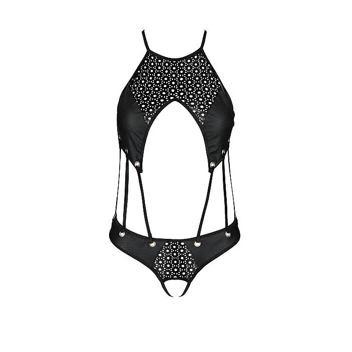 Боді з відкритим доступом Passion TASMINA BODY XXL/XXXL, black, екошкіра, шнурівки, ажурні мережива
