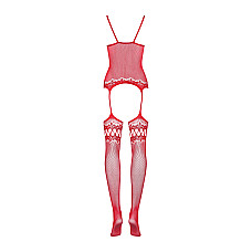 Бодистокинг Obsessive Bodystocking F214 red S/M/L, имитация корсета и чулок на подвязках