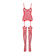 Бодистокинг Obsessive Bodystocking F214 red S/M/L, имитация корсета и чулок на подвязках