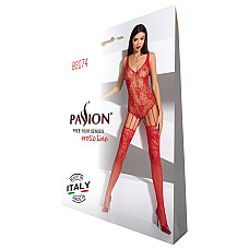 Ажурный бодистокинг с имитацией чулок Passion BS074 red