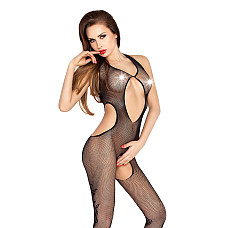 Бодистокинг Passion BS028 black, комбинезон, мелкая сеточка с цветочным рисунком на ногах