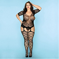 Безшовний бодістокінг JSY «Вульгарна Грейс» Plus Size, Black, довгий рукав, імітація панчіх, дрібна