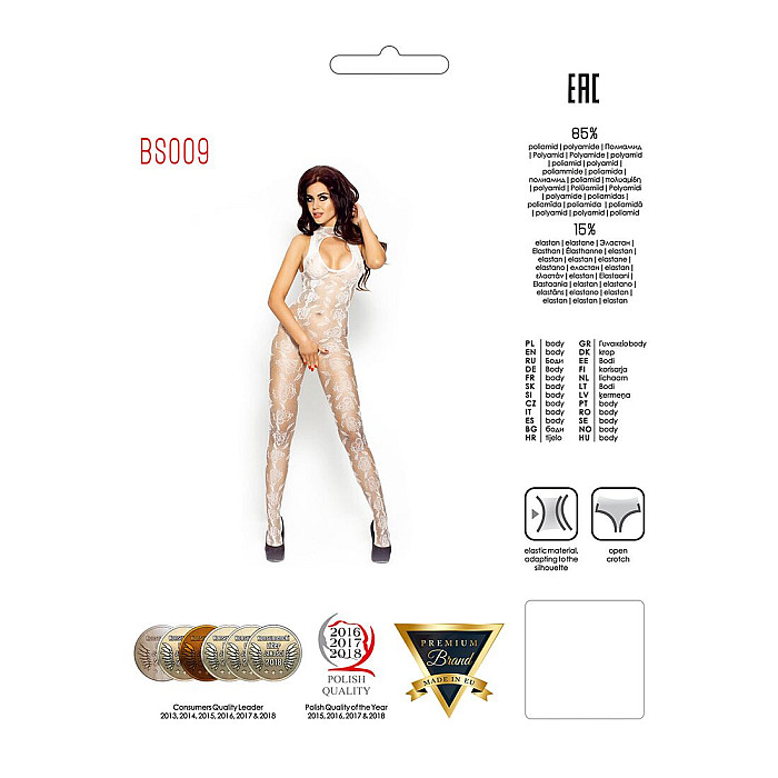 Бодистокинг Passion BS009 white, комбинезон, цветочный узор, декольте, закрытое горло