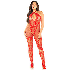 Бодистокинг с глубоким декольте Leg Avenue Seamless Net and Lace Lingerie Jumpsuit One Size, Red