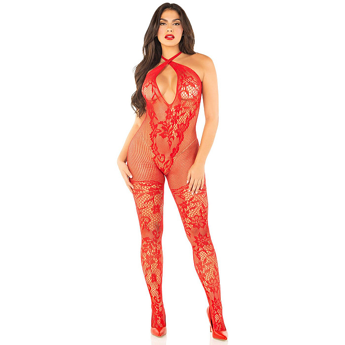 Бодистокинг с глубоким декольте Leg Avenue Seamless Net and Lace Lingerie Jumpsuit One Size, Red
