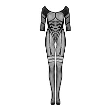 Сітчастий бодістокінг з імітацією підв’язок Obsessive Bodystocking G329 S/M/L, black, з доступом