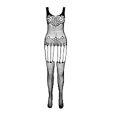 Бодістокінг Passion ECO BS001 One Size black, з доступом, імітація підв’язок, флористичний декор