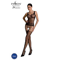 Бодістокінг Passion ECO BS001 One Size black, з доступом, імітація підв’язок, флористичний декор