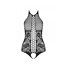 Бодістокінг з імітацією корсетної шнурівки Passion BS094 One Size, black, квітковий візерунок, з дос