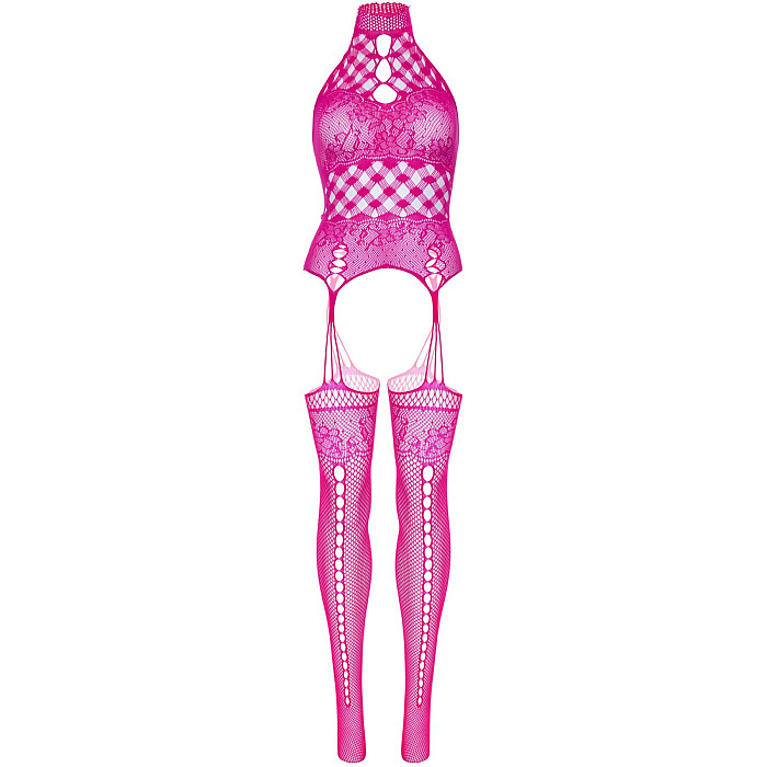 Мереживний бодістокінг з відкритим доступом Leg Avenue High neck lace bodystocking One size Raspberry