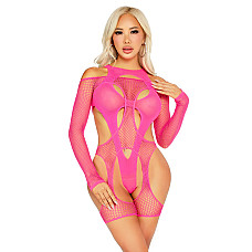 Бодистокинг Leg Avenue Fishnet Garter Harness and Teddy One Size Neon Pink