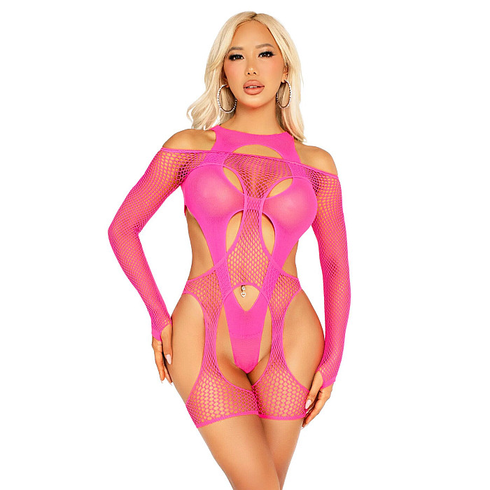 Бодистокинг Leg Avenue Fishnet Garter Harness and Teddy One Size Neon Pink