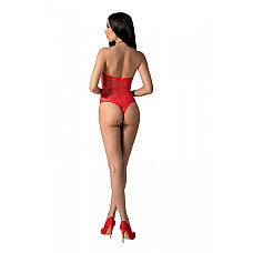 Бодістокінг з імітацією корсетної шнурівки Passion BS094 One Size, red, квітковий візерунок, з досту