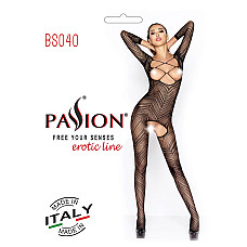 Бодистокинг Passion BS040 black, комбинезон с открытой грудью